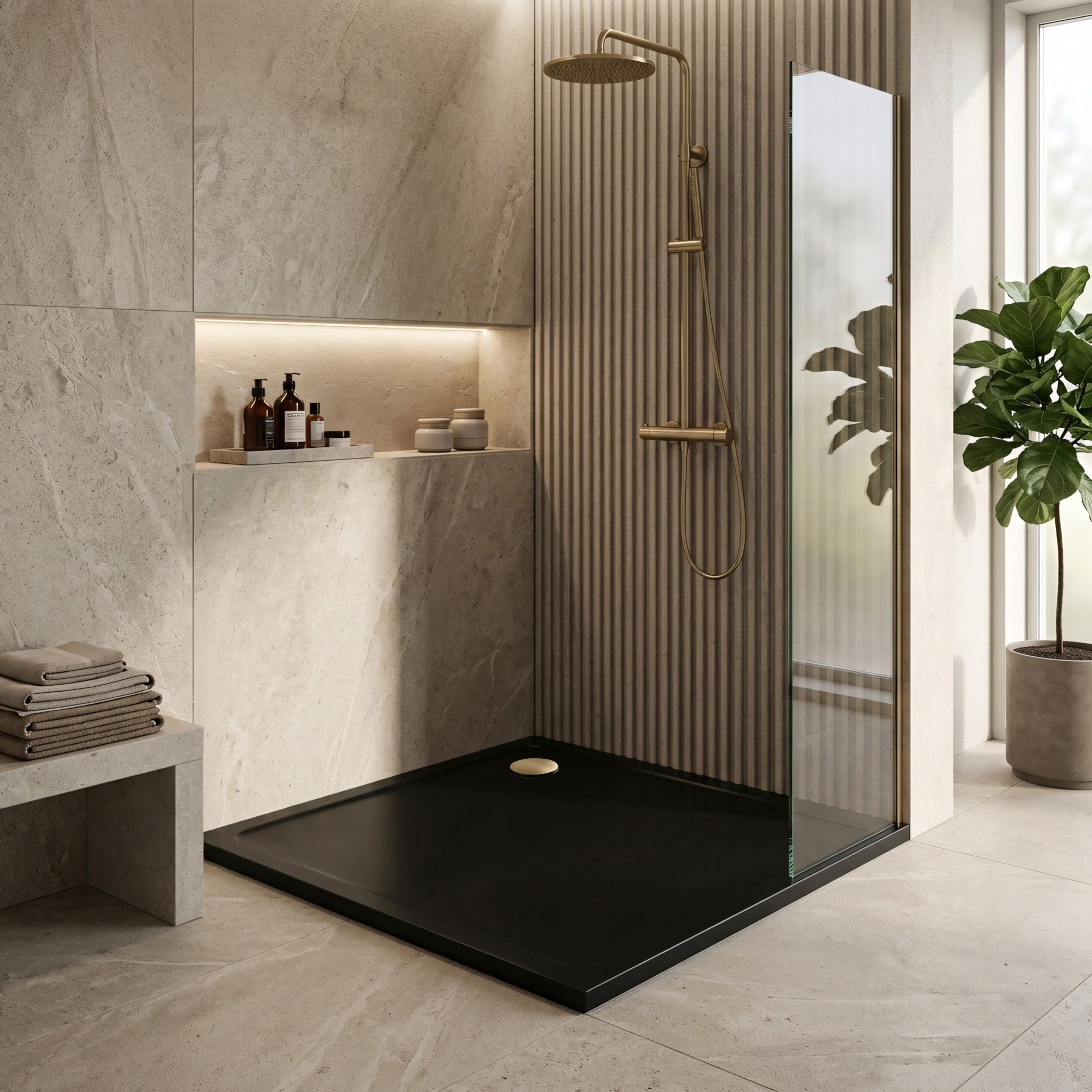 Rea Savoy, sprchová vanička 80x80x6 cm + sifón s medenou krytkou, čierna lesklá, KPL-14804