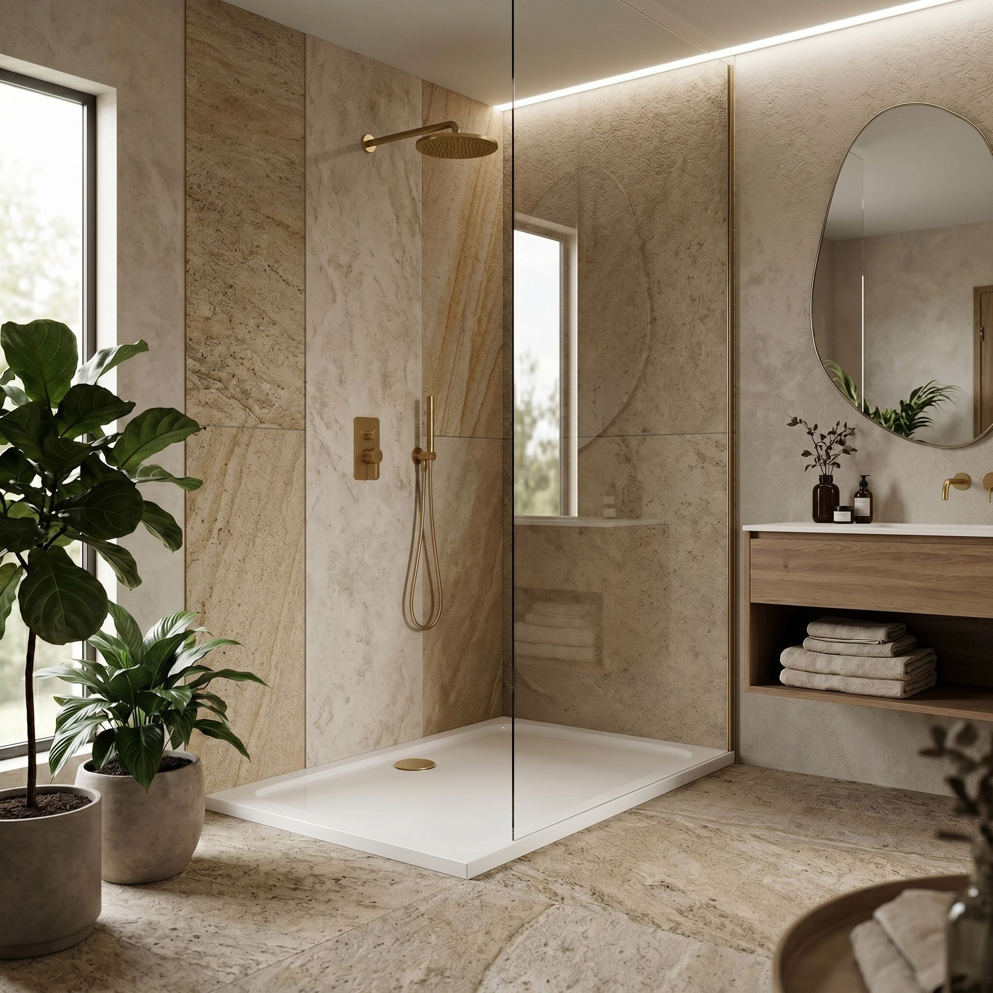 Rea Belmond, sprchová akrylová vanička biela 80x100, zlatá matná odtoková krytka, KPL-14372