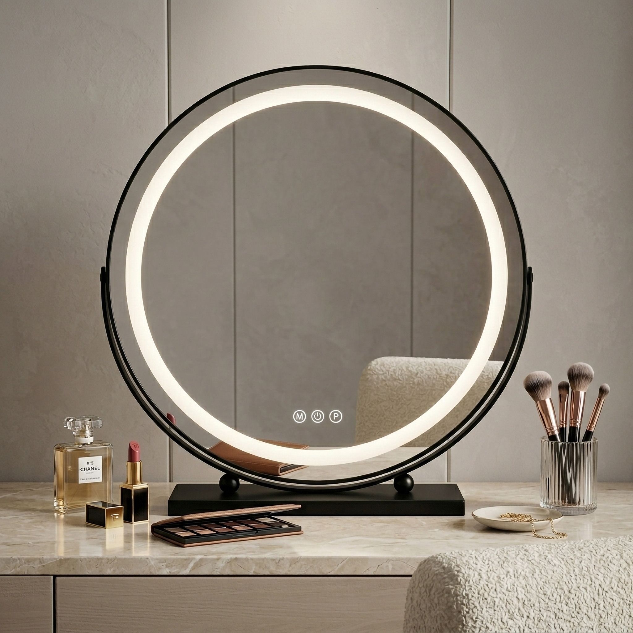 Rea Make-Up, LED okrúhle kozmetické zrkadlo na postavenie 50 cm, čierna, HOM-12022