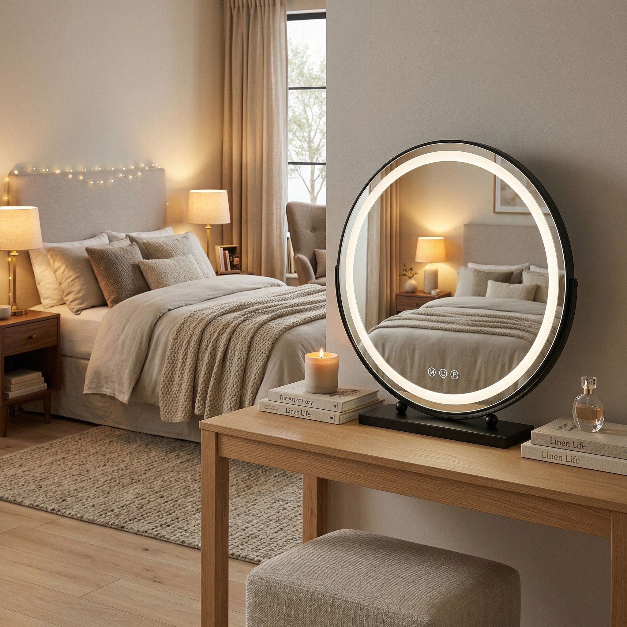 Rea Make-Up, LED okrúhle kozmetické zrkadlo na postavenie 50 cm, čierna, HOM-12022