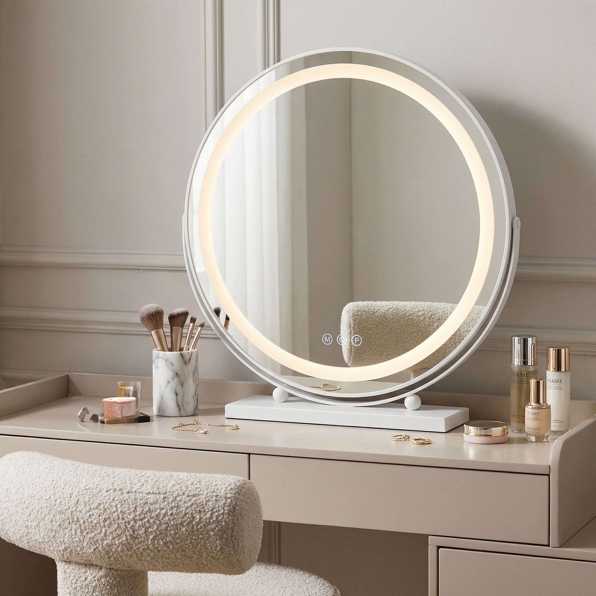 Rea Make-Up, LED okrúhle kozmetické zrkadlo na postavenie 50 cm, biela, HOM-12021