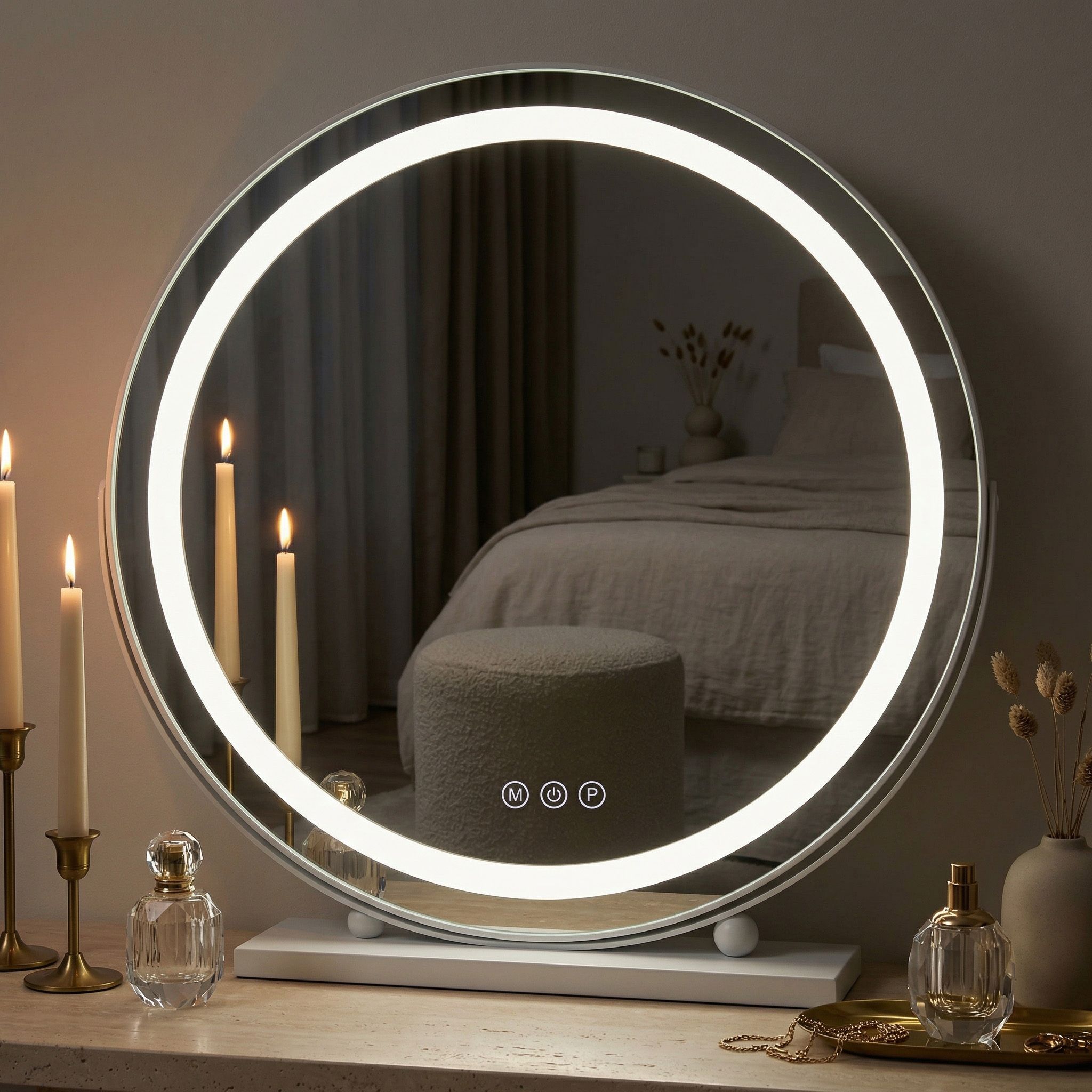 Rea Make-Up, LED okrúhle kozmetické zrkadlo na postavenie 50 cm, biela, HOM-12021