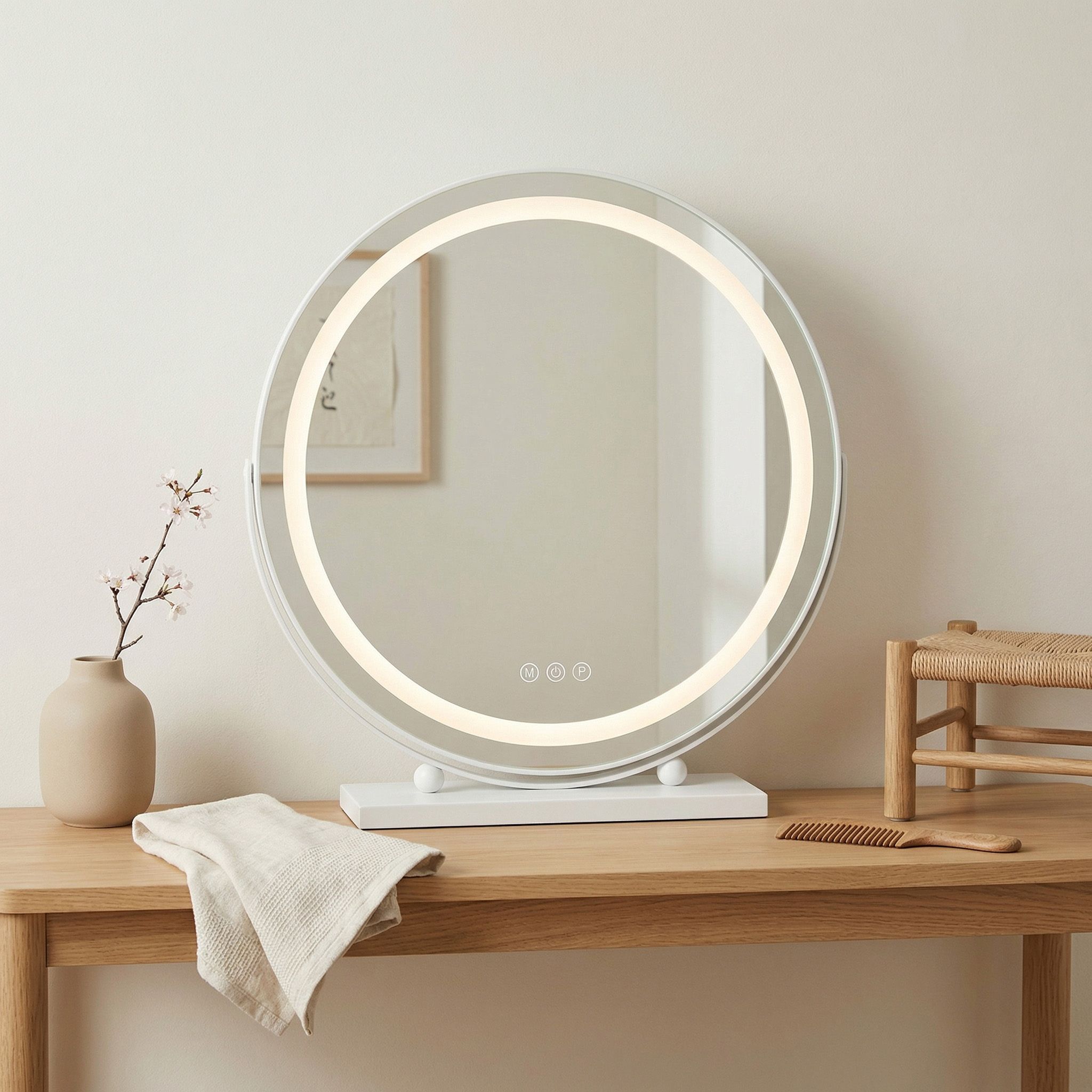 Rea Make-Up, LED okrúhle kozmetické zrkadlo na postavenie 50 cm, biela, HOM-12021