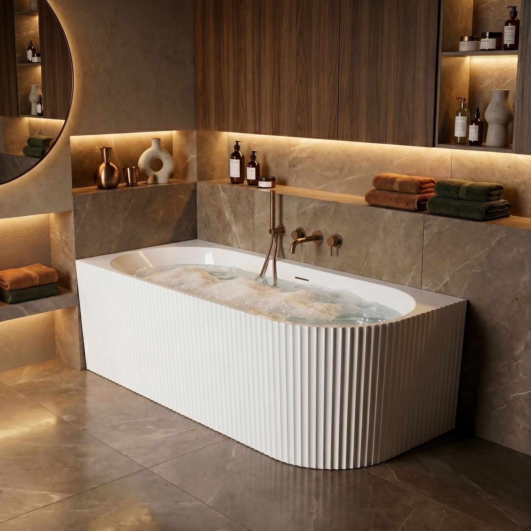 Rea Wenus, akrylová rohová vaňa 1700x800x575 mm, ľavá, biela s medenou matnou odtokovou zátkou, KPL-W8129