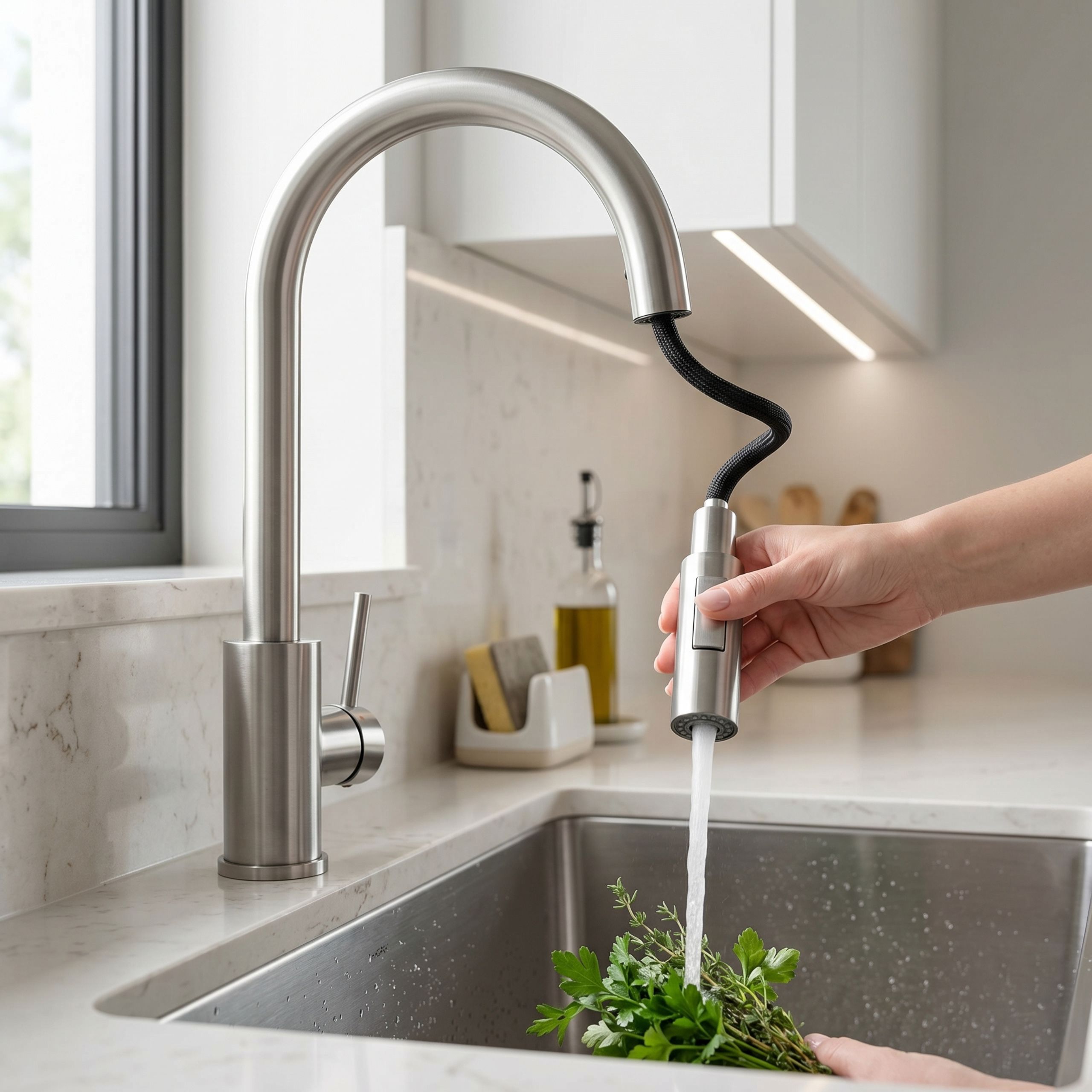 Rea Fresh Touch, vysoká kuchynská batéria s výsuvnou 2-funkčnou spŕškou, brúsená oceľ, REA-B6735