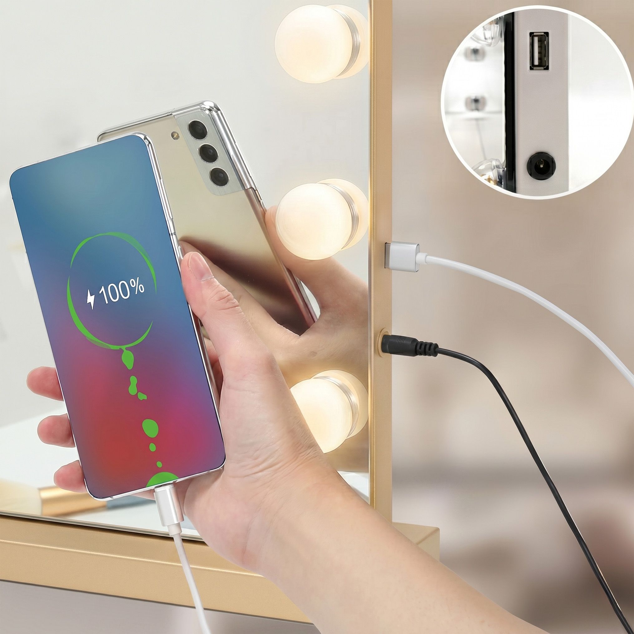 REA Hollywood LED zrkadlo USB vstup detail