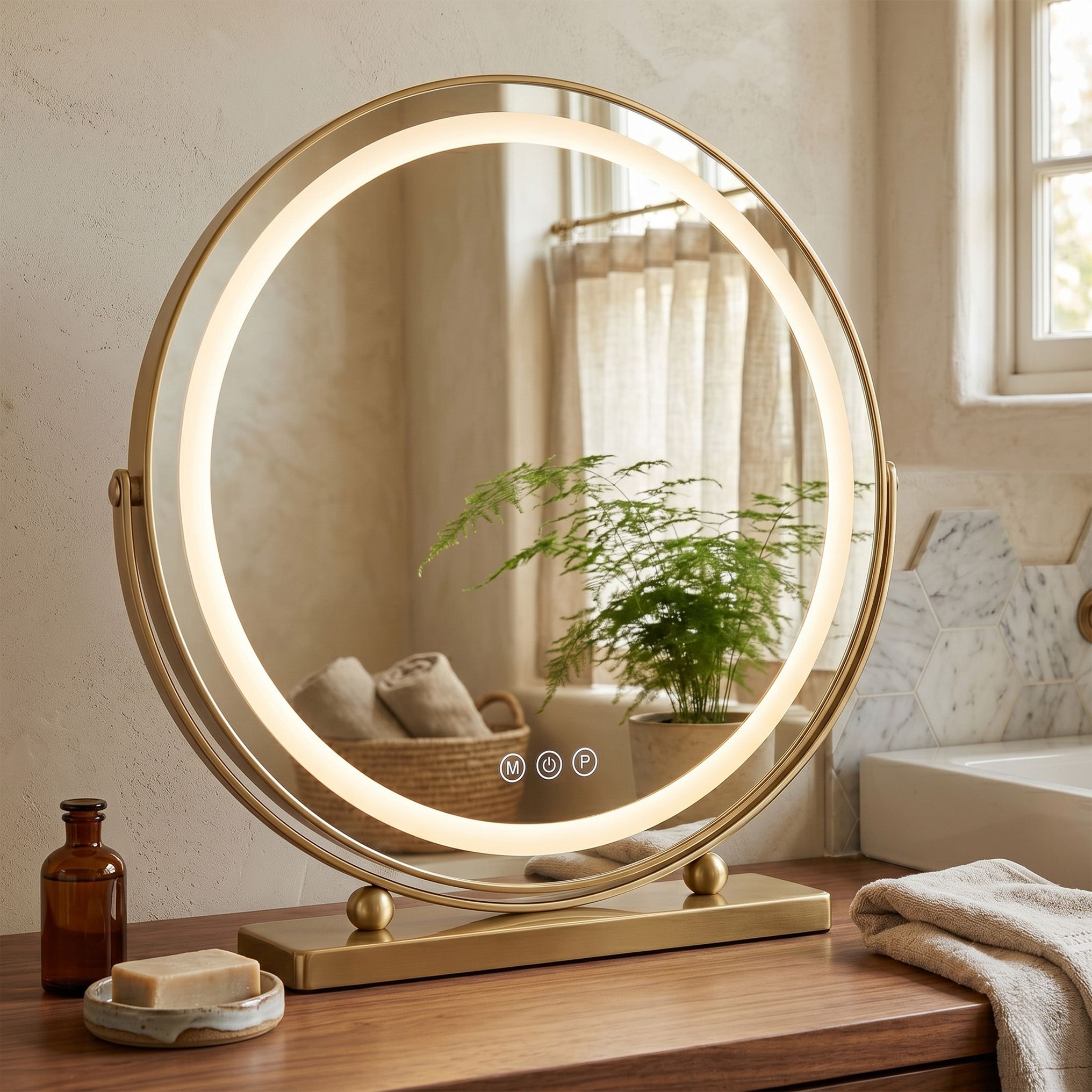 Rea MAKE-UP, kozmetické LED zrkadlo 50 cm, zlatý lesklý rám, HOM-01810