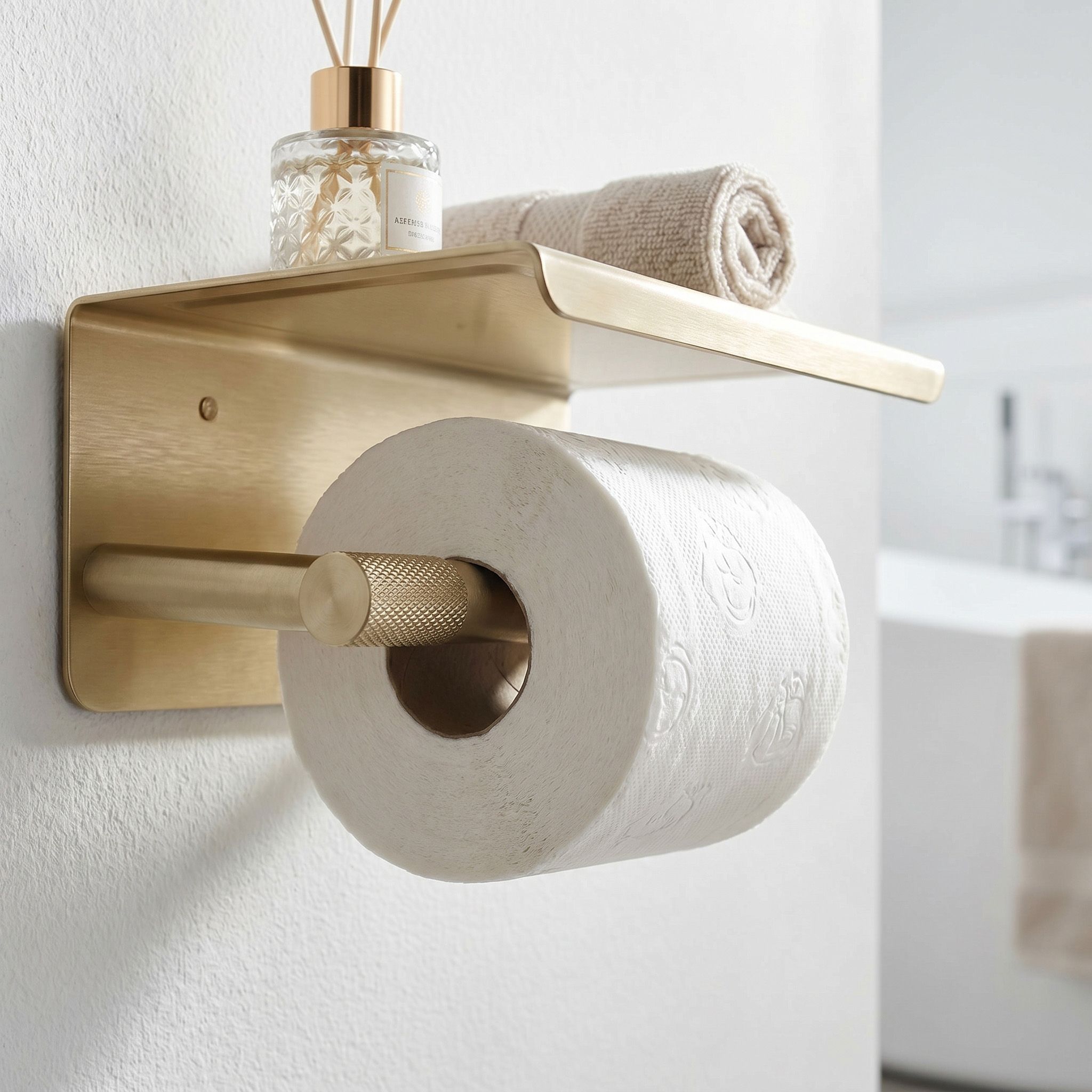 Rea Modern, držiak na toaletný papier s poličkou, brúsené zlato, REA-89052