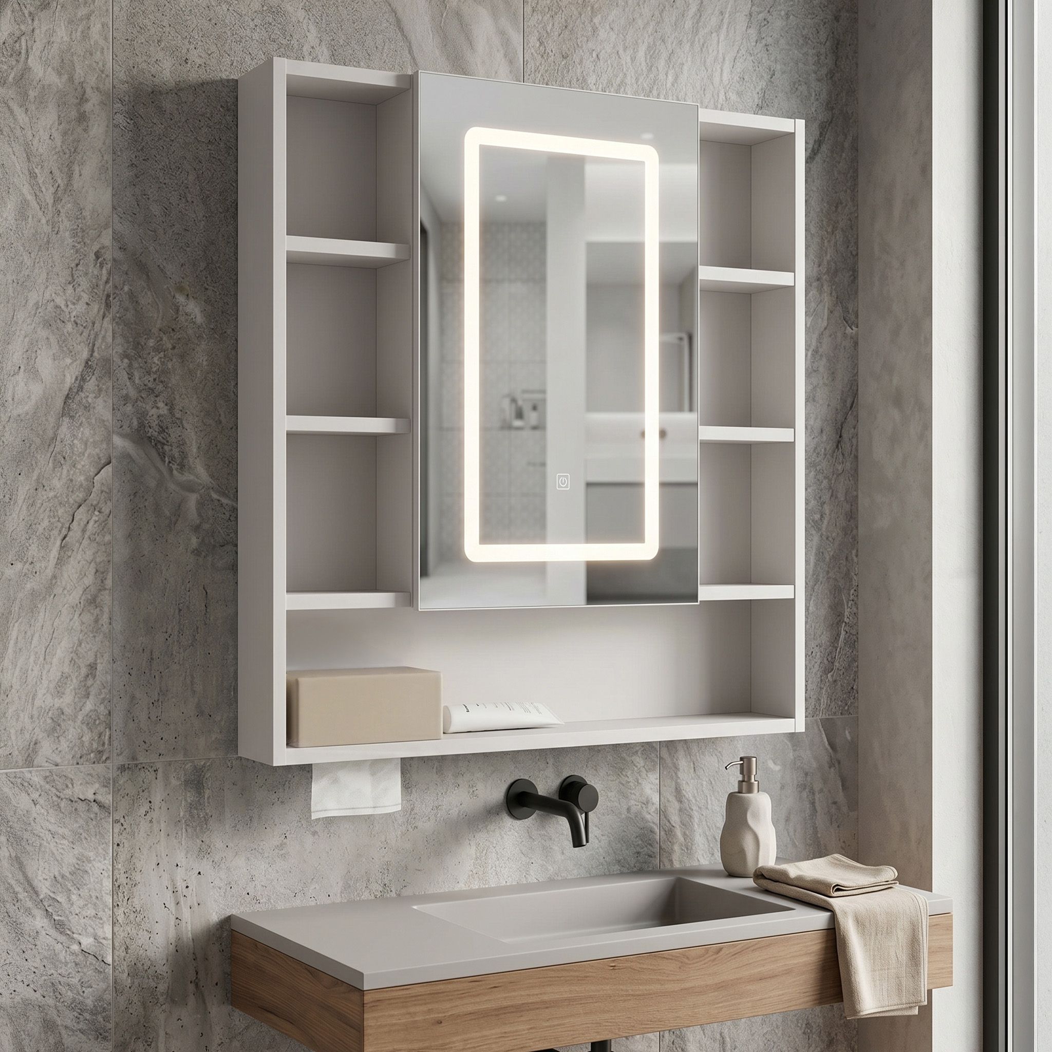 Rea Luna, zrkadlová skrinka s LED osvetlením 70×80 cm, plast, REA-M0405