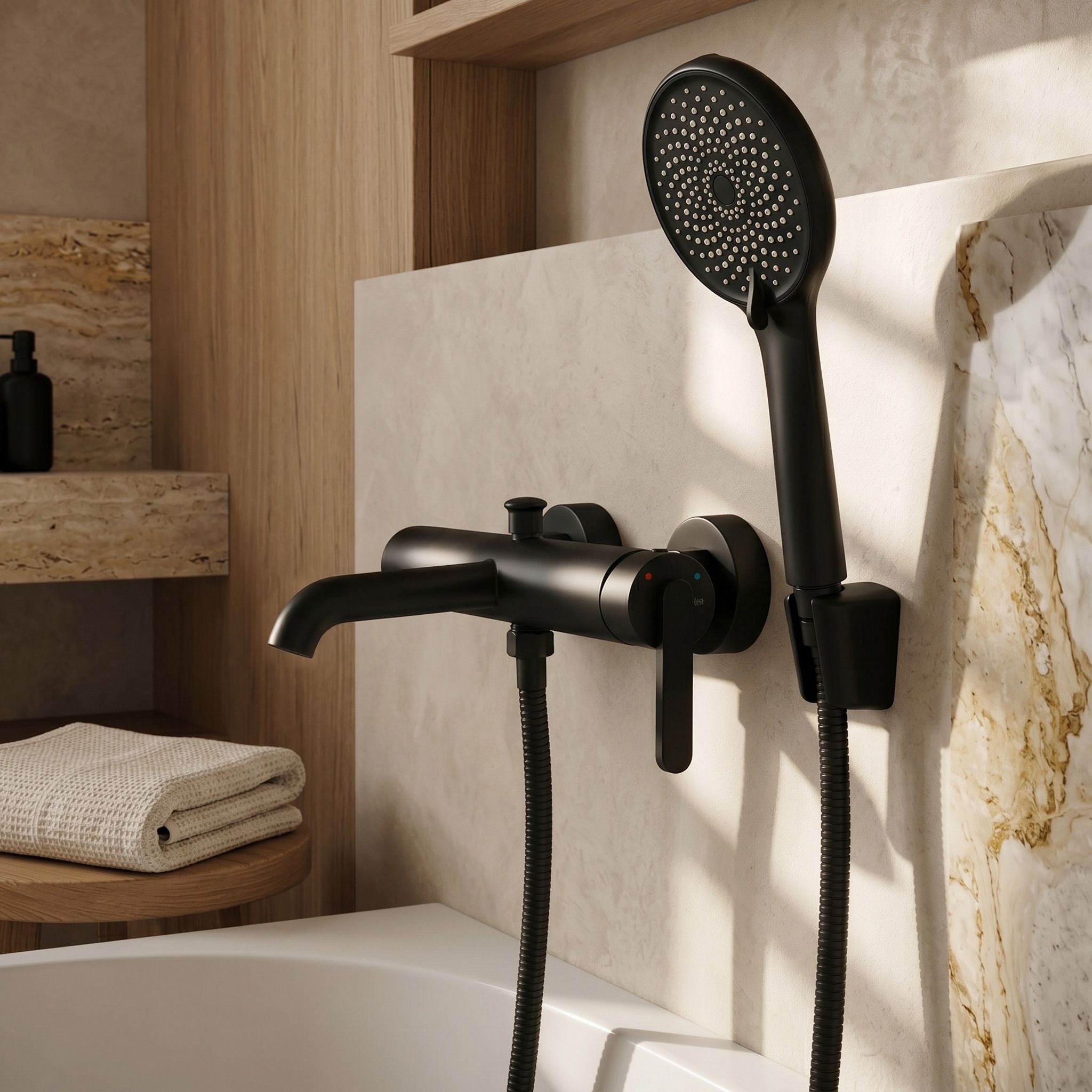 Rea Ontario Side, baterie cadă cu set de duș manual, negru mat, REA-B6540