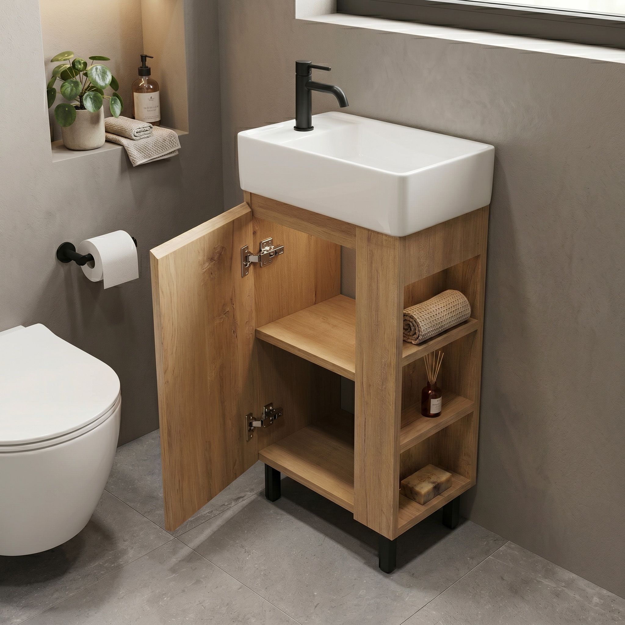 Rea Astra, umývadlová skrinka 430x260x825 mm s keramickým umývadlom, hnedá/biela, REA-M0404
