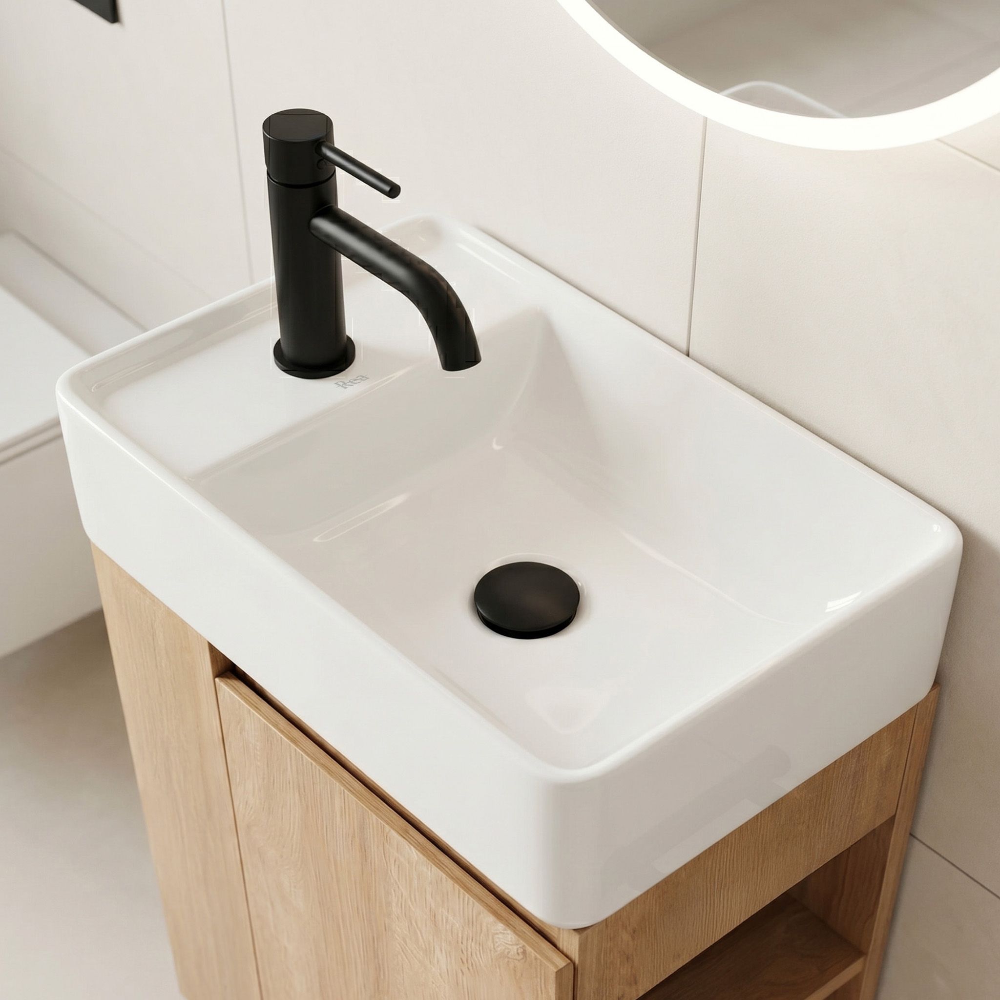 Rea Astra, umývadlová skrinka 430x260x825 mm s keramickým umývadlom, hnedá/biela, REA-M0404