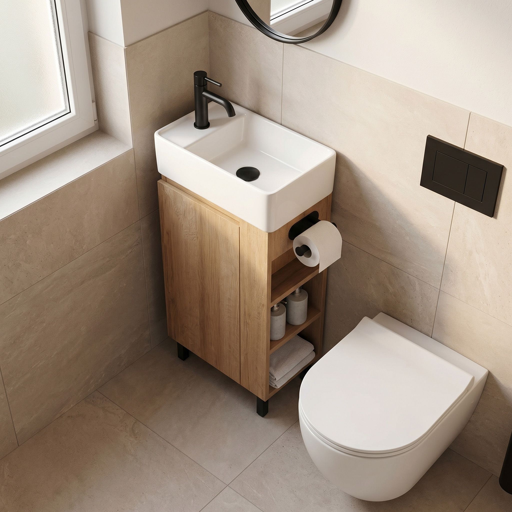 Rea Astra, umývadlová skrinka 430x260x825 mm s keramickým umývadlom, hnedá/biela, REA-M0404