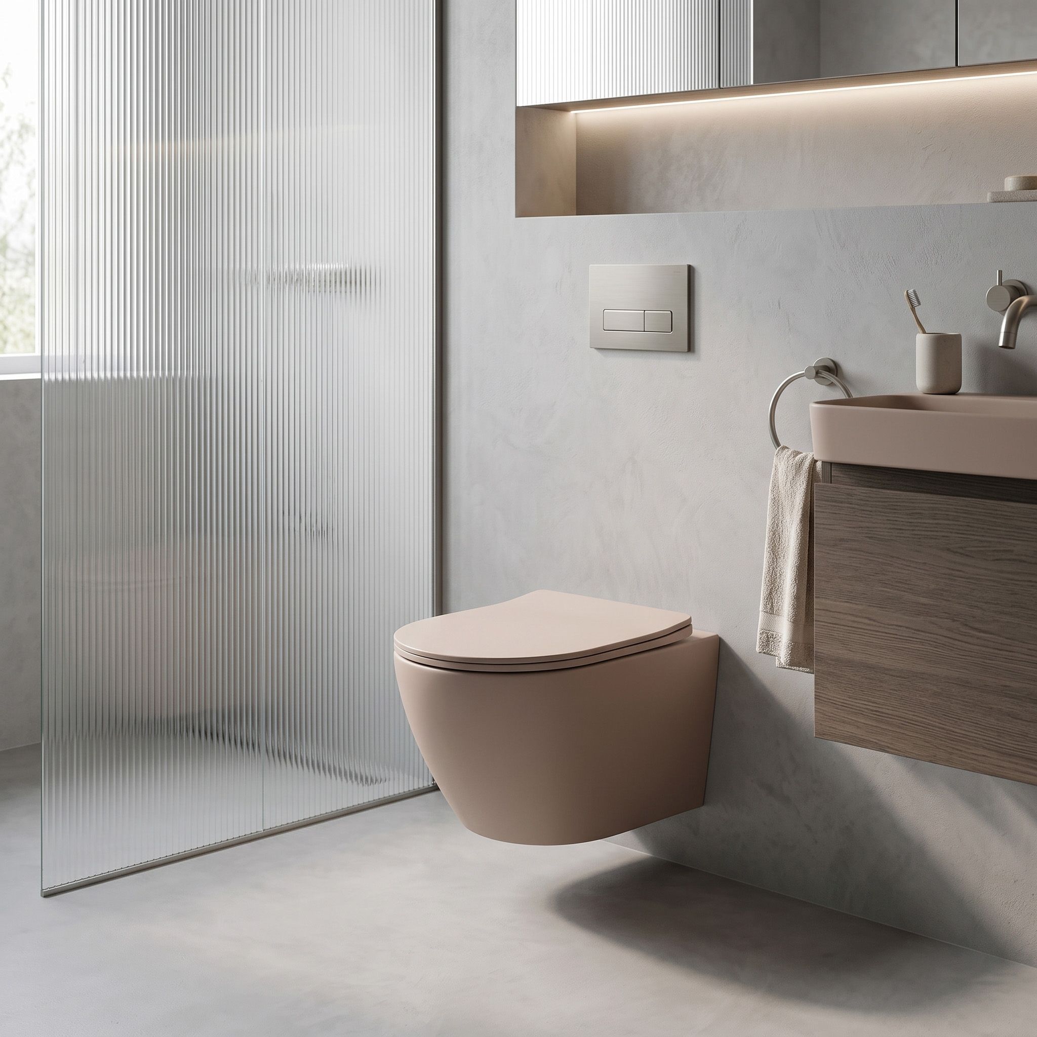 Rea Carlo Mini, závesná WC misa Rimless Tornado so sedadlom, hnedá matná, REA-C4599
