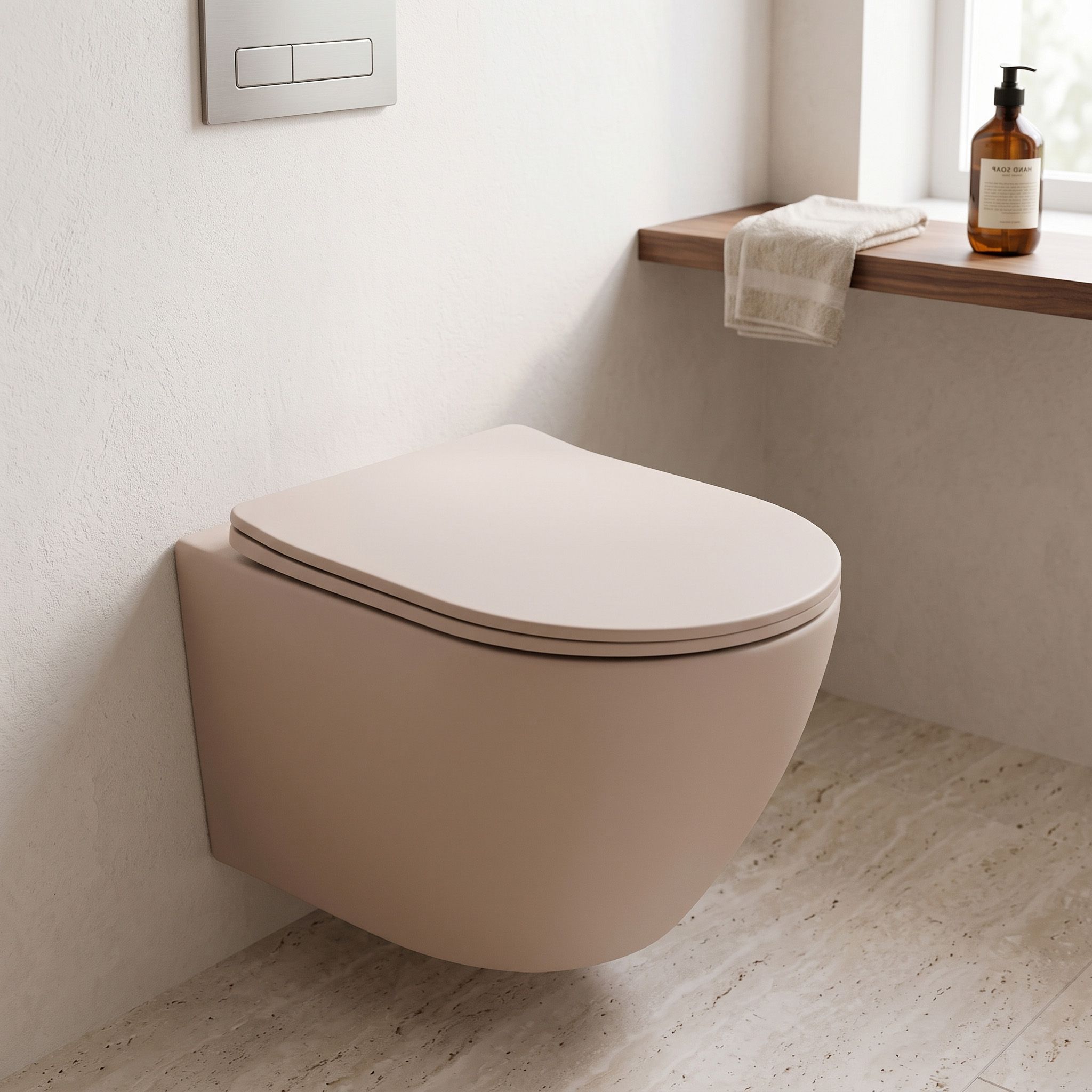 Rea Carlo Mini, závesná WC misa Rimless Tornado so sedadlom, hnedá matná, REA-C4599