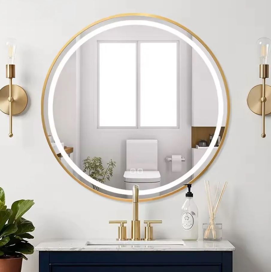 Rea, nástenné LED zrkadlo, okrúhle, 90cm, zlatý lesklý rám, HOM-02504