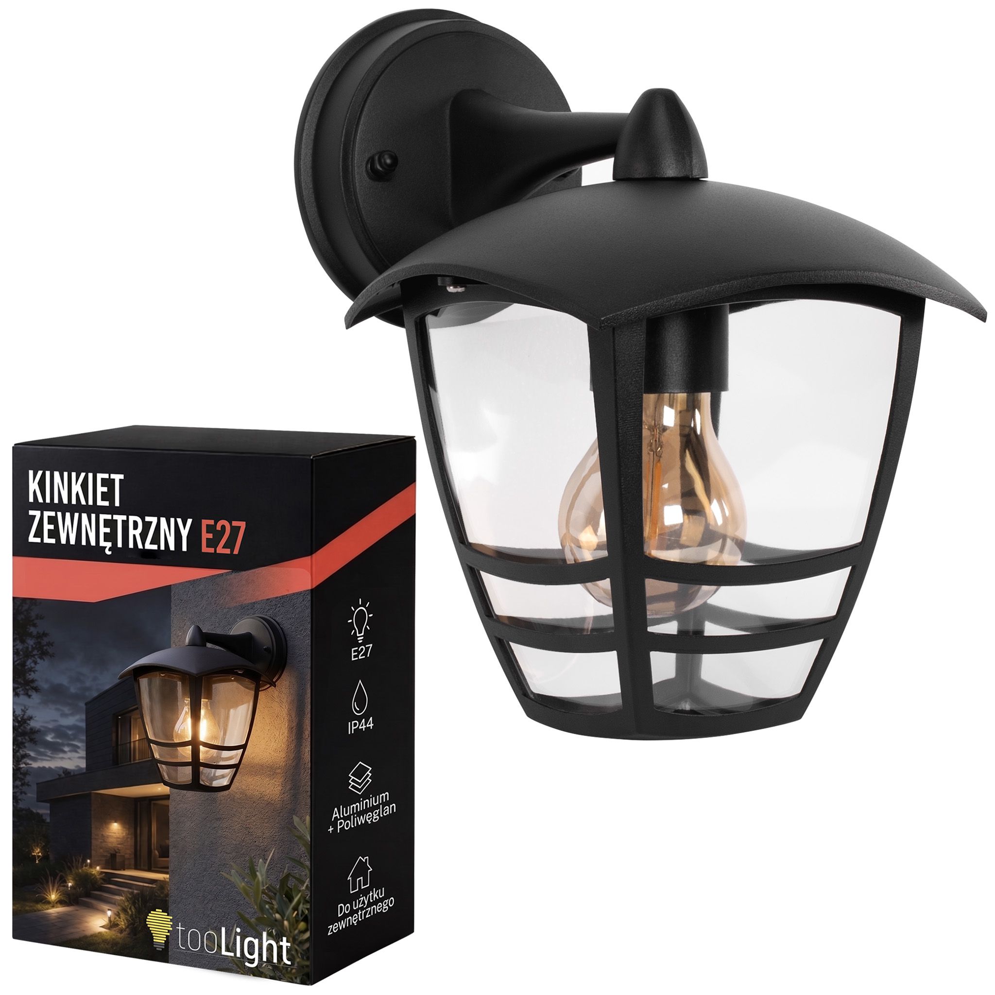 Toolight JNH037-1G, vonkajšie nástenné svietidlo v tvare lampáša, 1× E27, IP44, čierna matná, OSW-56223