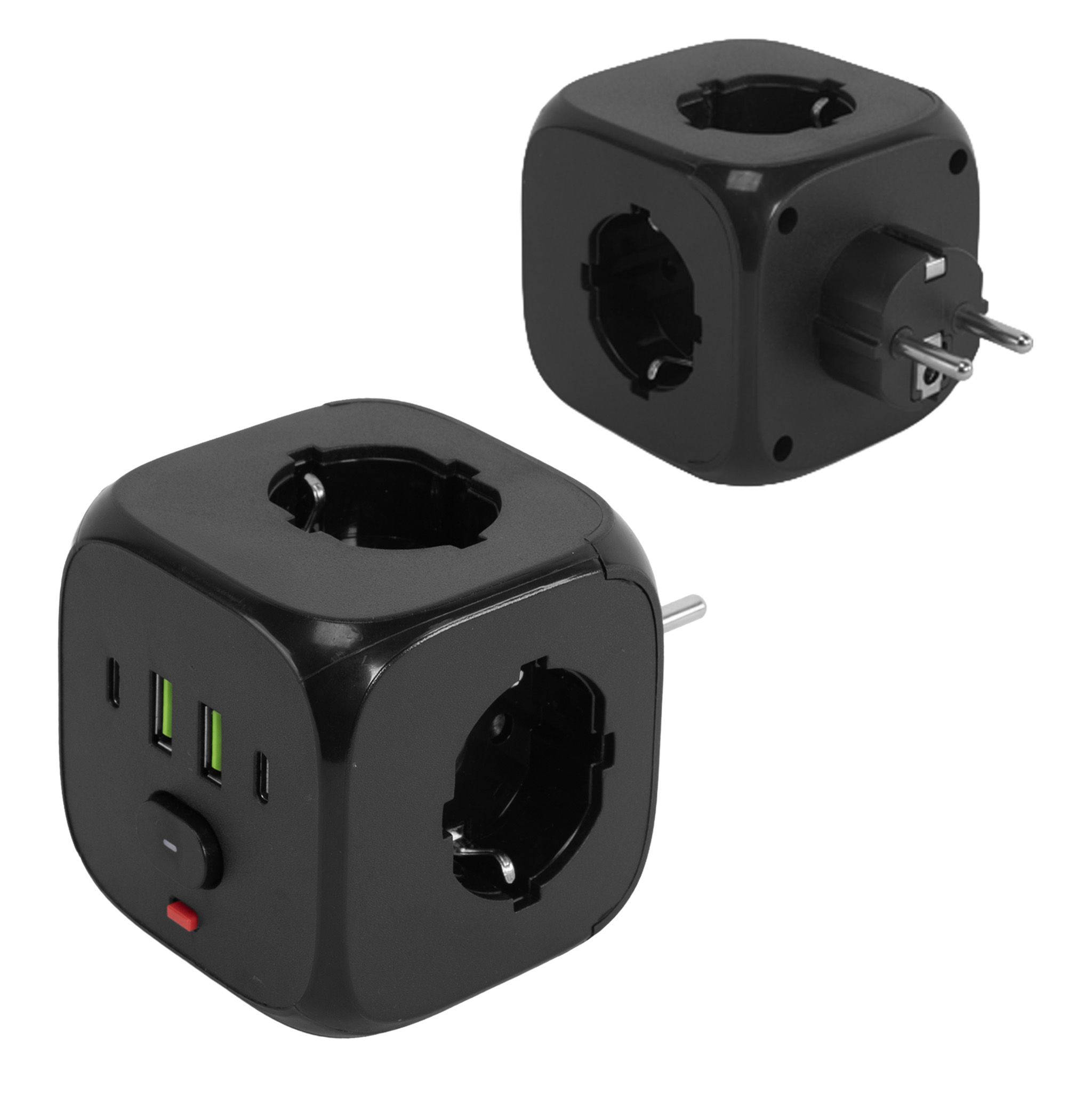 Toolight JNH019, zásuvková kocka 7v1, 3 zásuvky + 2× USB-A + 2× USB-C, čierna, OSW-56304