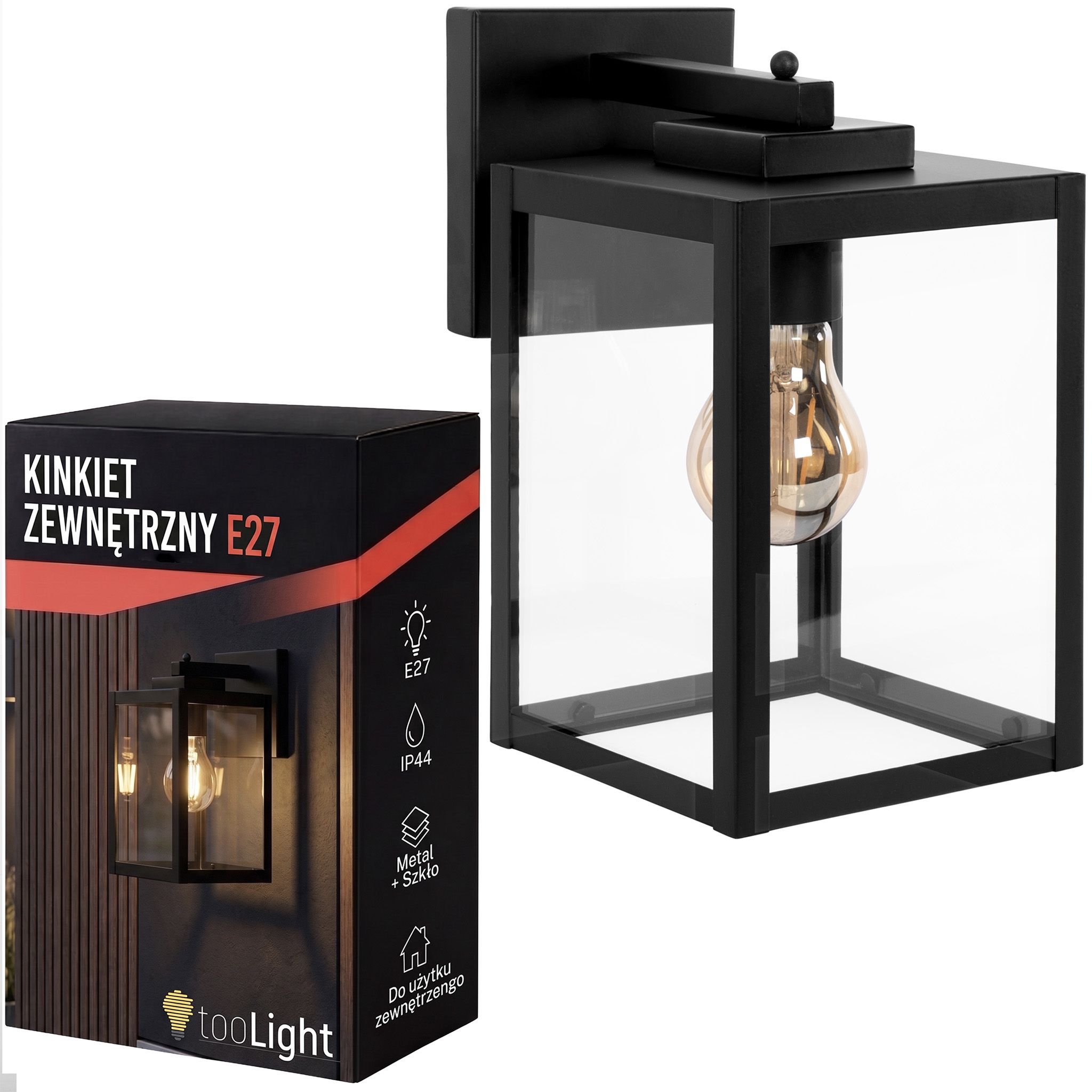 Toolight JNH038-1G, vonkajšie nástenné svietidlo so sklenenými tabuľkami, 1× E27, IP44, čierna matná, OSW-56224