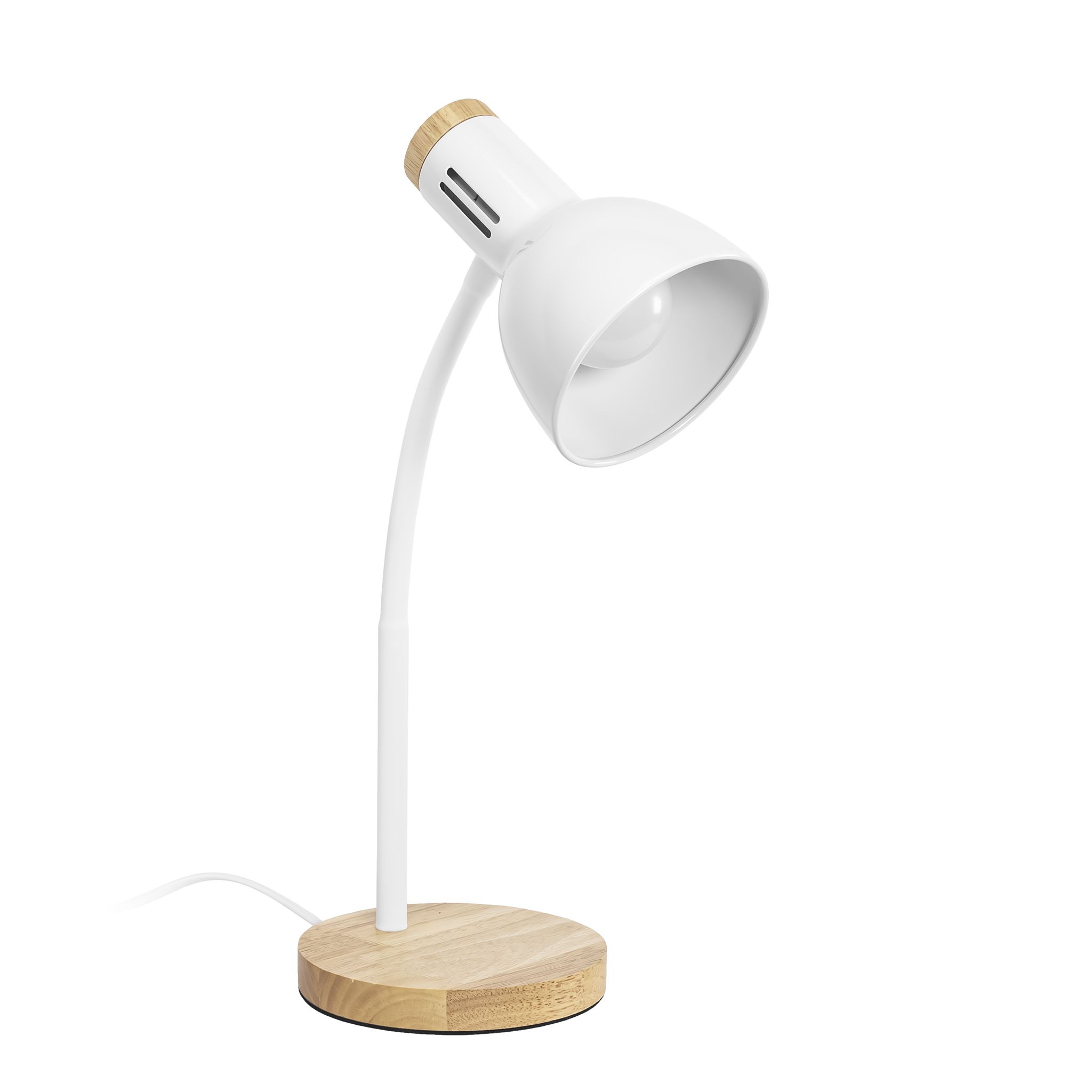 Toolight JNH046-1T, stolná lampa s drevenou základňou a ohybným ramenom, v. 45,3 cm, 1× E27, biela, OSW-56238
