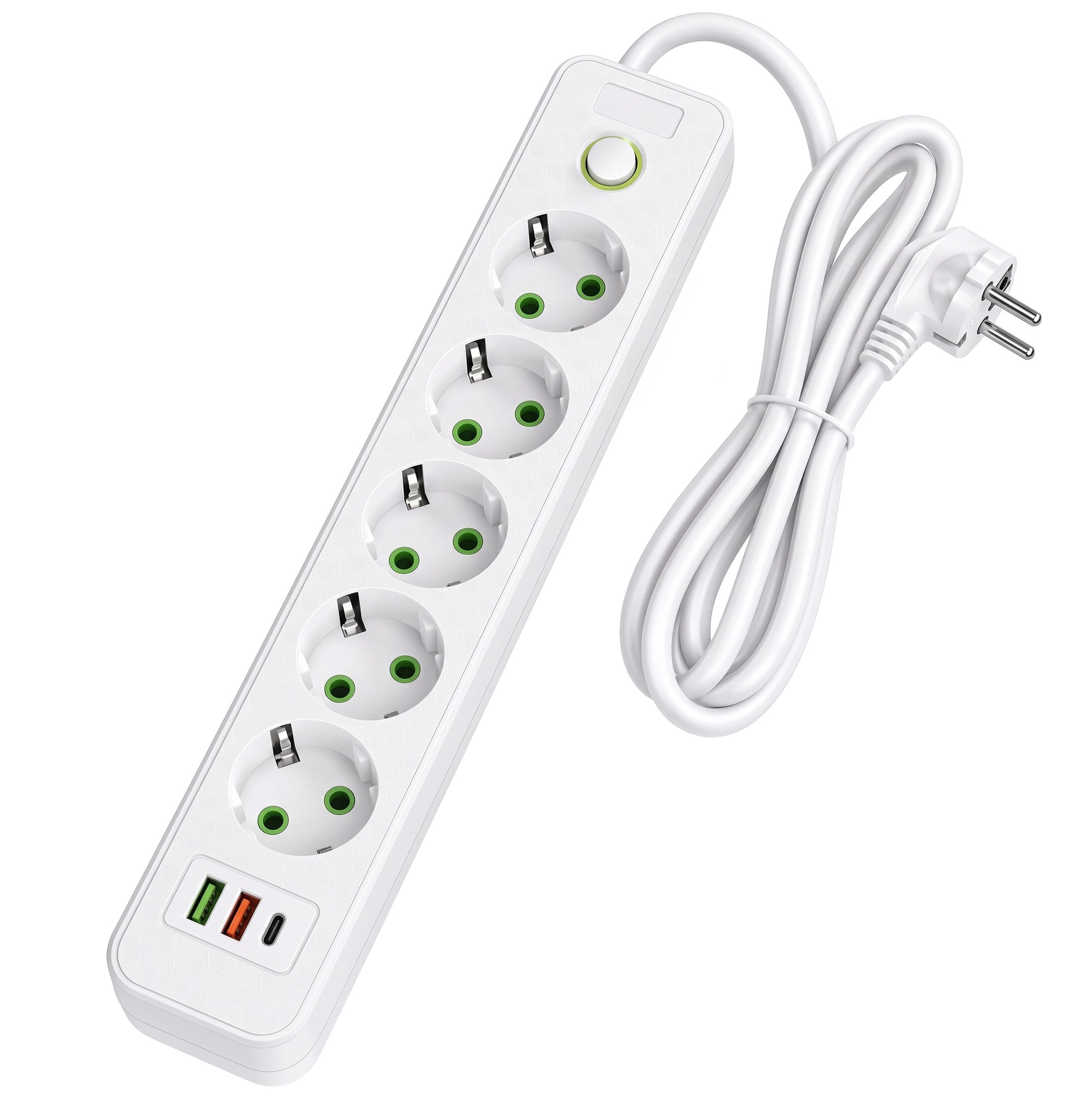 Toolight JNH022-5A, predlžovacia lišta 5 zásuviek + 2× USB-A + USB-C, 1,8 m, biela, OSW-56203