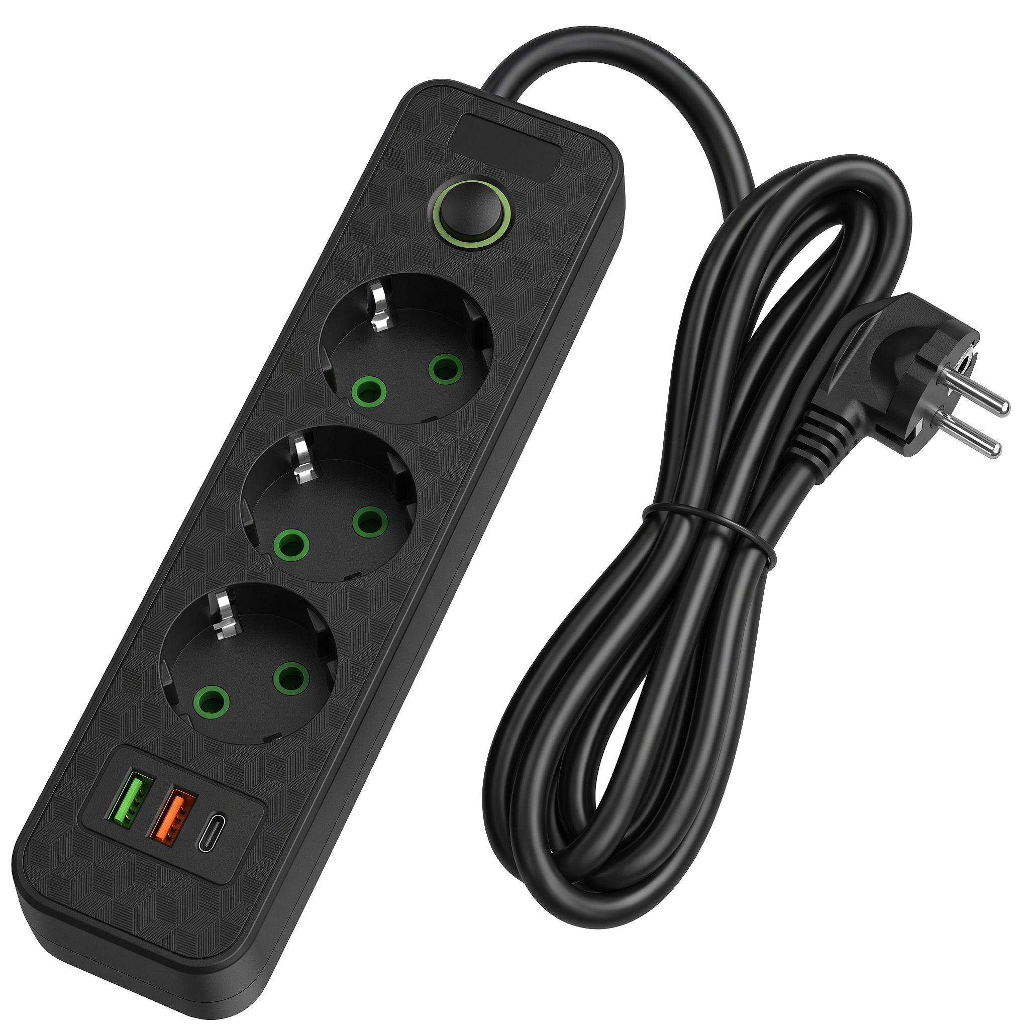 Toolight JNH020-3A, predlžovacia lišta 3 zásuvky + 2× USB-A + USB-C, 1,8 m, čierna, OSW-56303