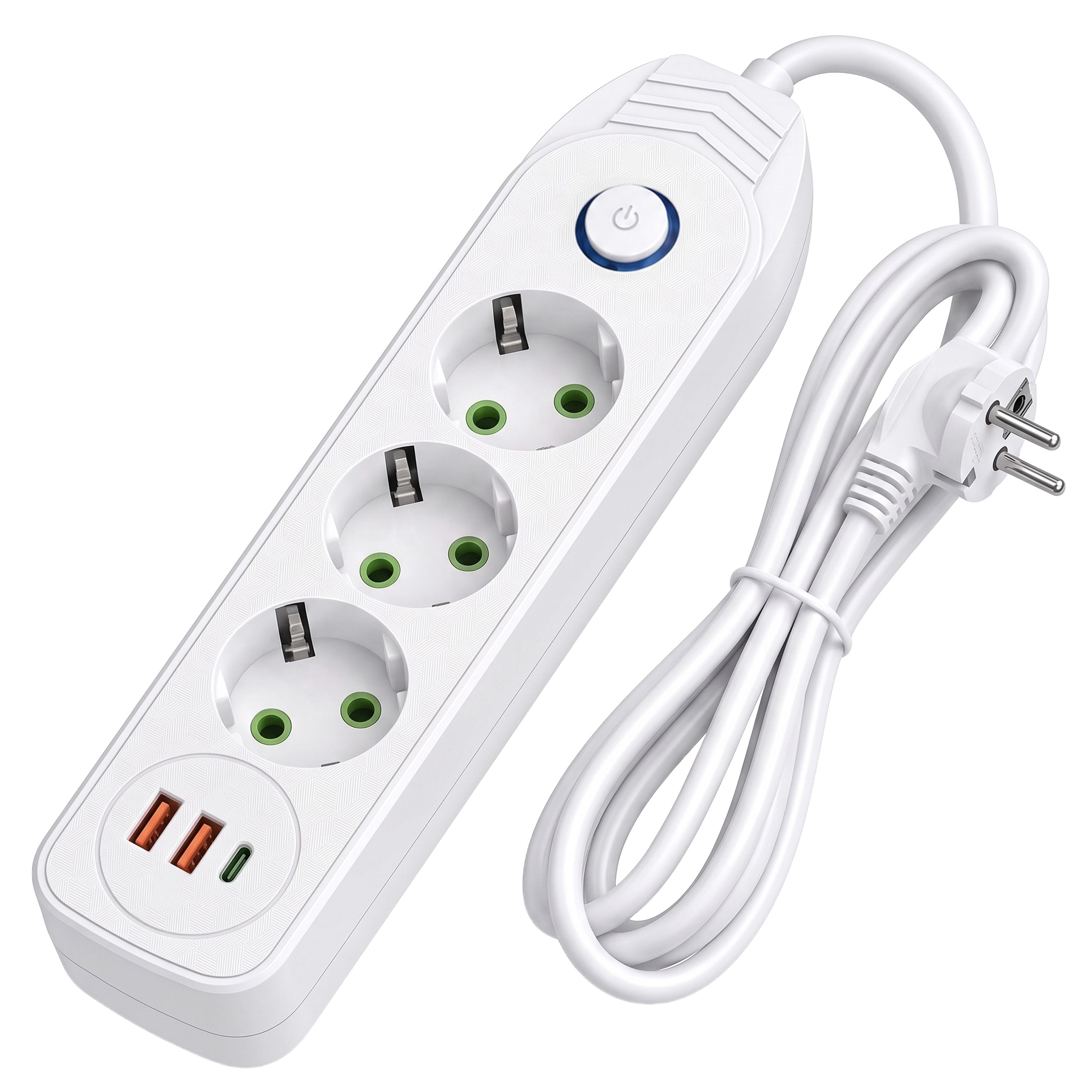 Toolight JNH024-3B, predlžovacia lišta 3 zásuvky + 2× USB-A + USB-C, 1,8 m, biela, OSW-56207