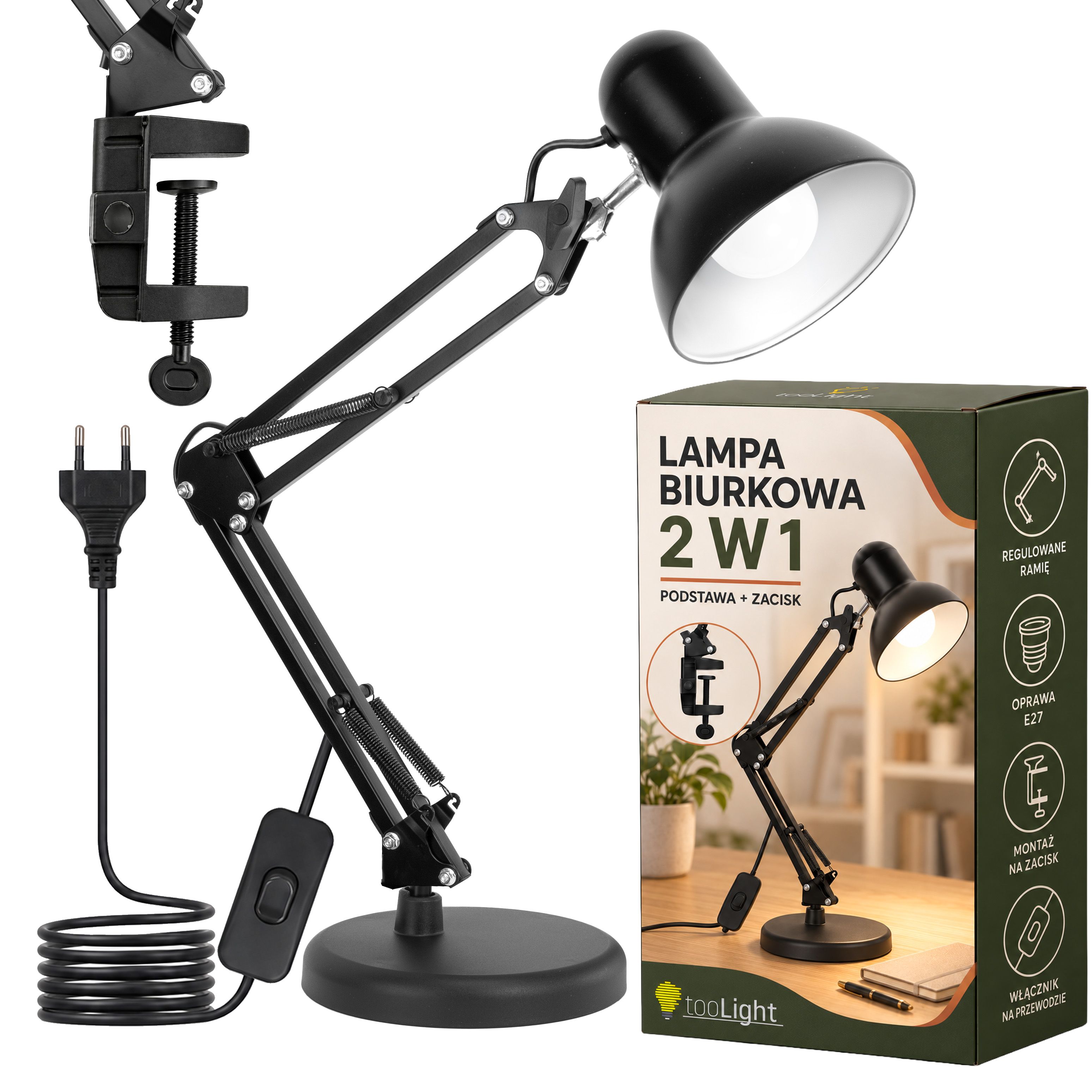 Toolight JNH043-1TD, lampă de masă 2 în 1 cu bază și clemă, 1× E27, neagră, OSW-56234