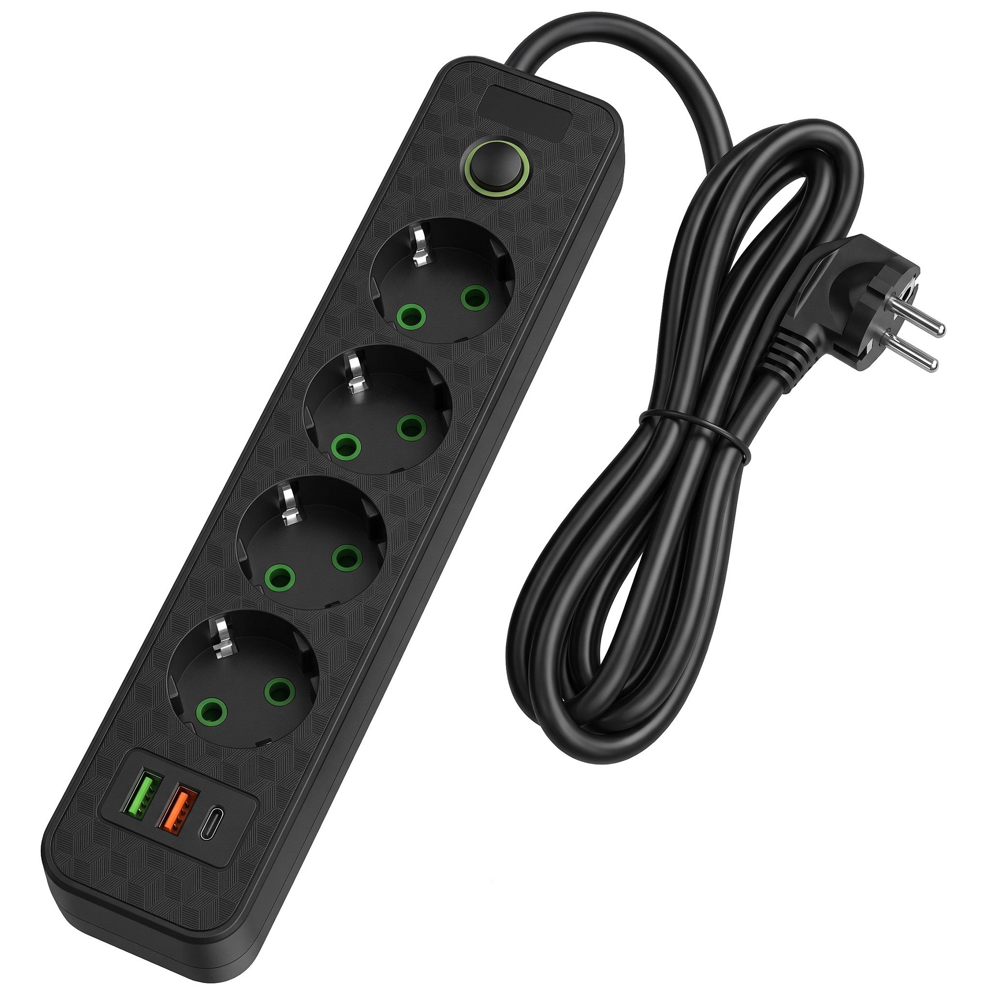 Toolight JNH021-4A, predlžovacia lišta 4 zásuvky + 2× USB-A + USB-C, 1,8 m, čierna, OSW-56200