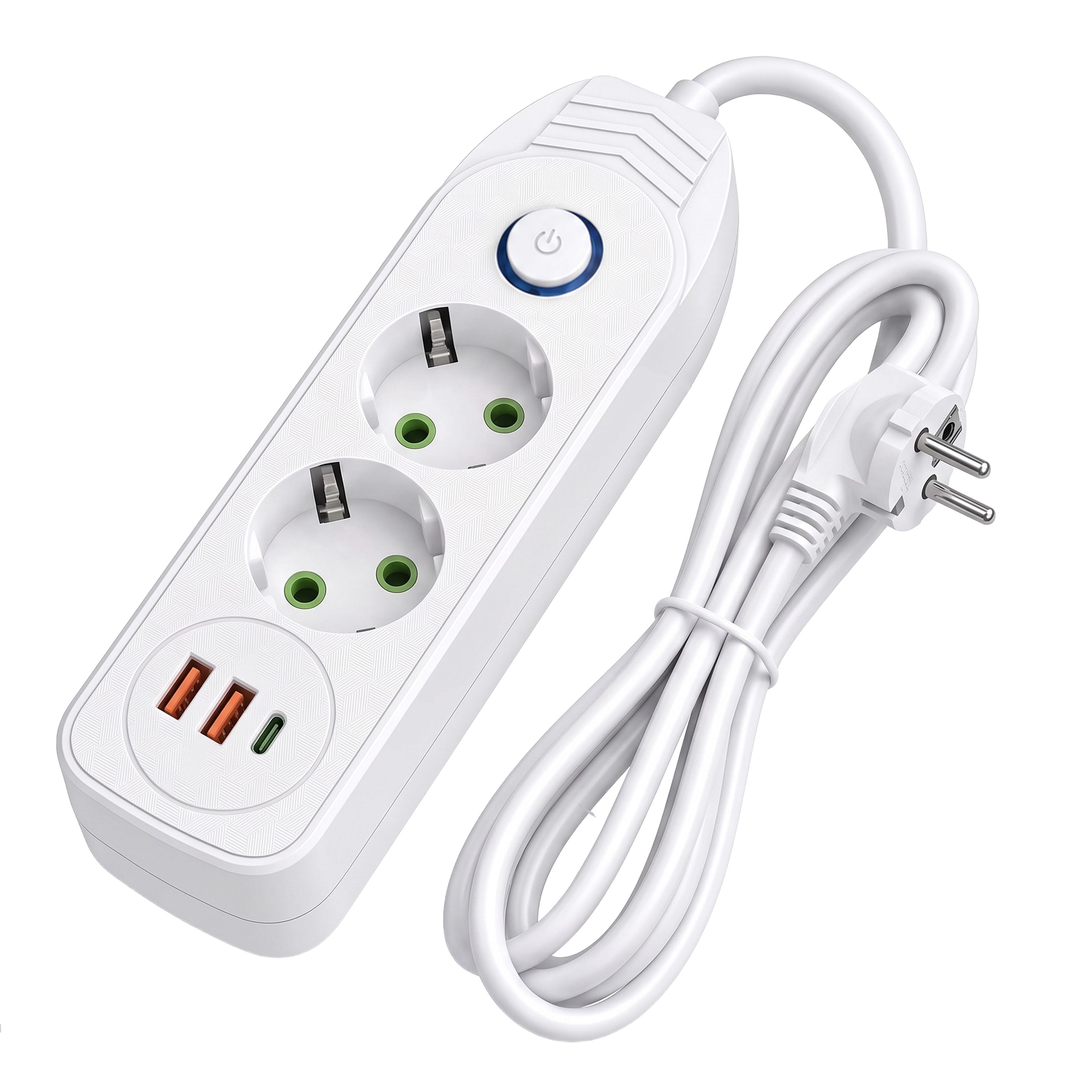 Toolight JNH023, predlžovacia lišta 2 zásuvky + 2× USB-A + USB-C, 1,8 m, biela, OSW-56205