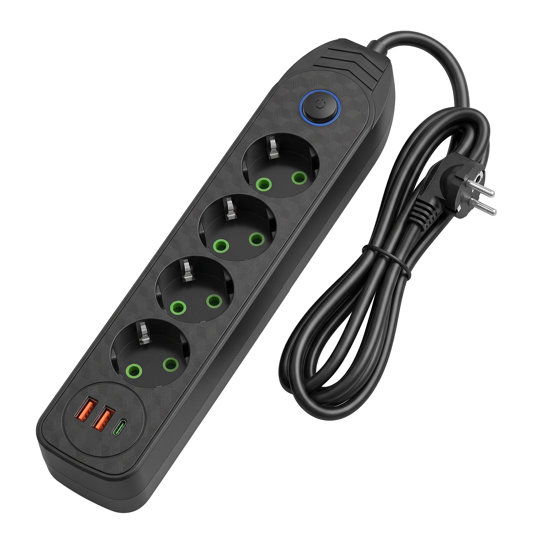 Toolight JNH025-4B, predlžovacia lišta 4 zásuvky + 2× USB-A + USB-C, 1,8 m, čierna, OSW-56208