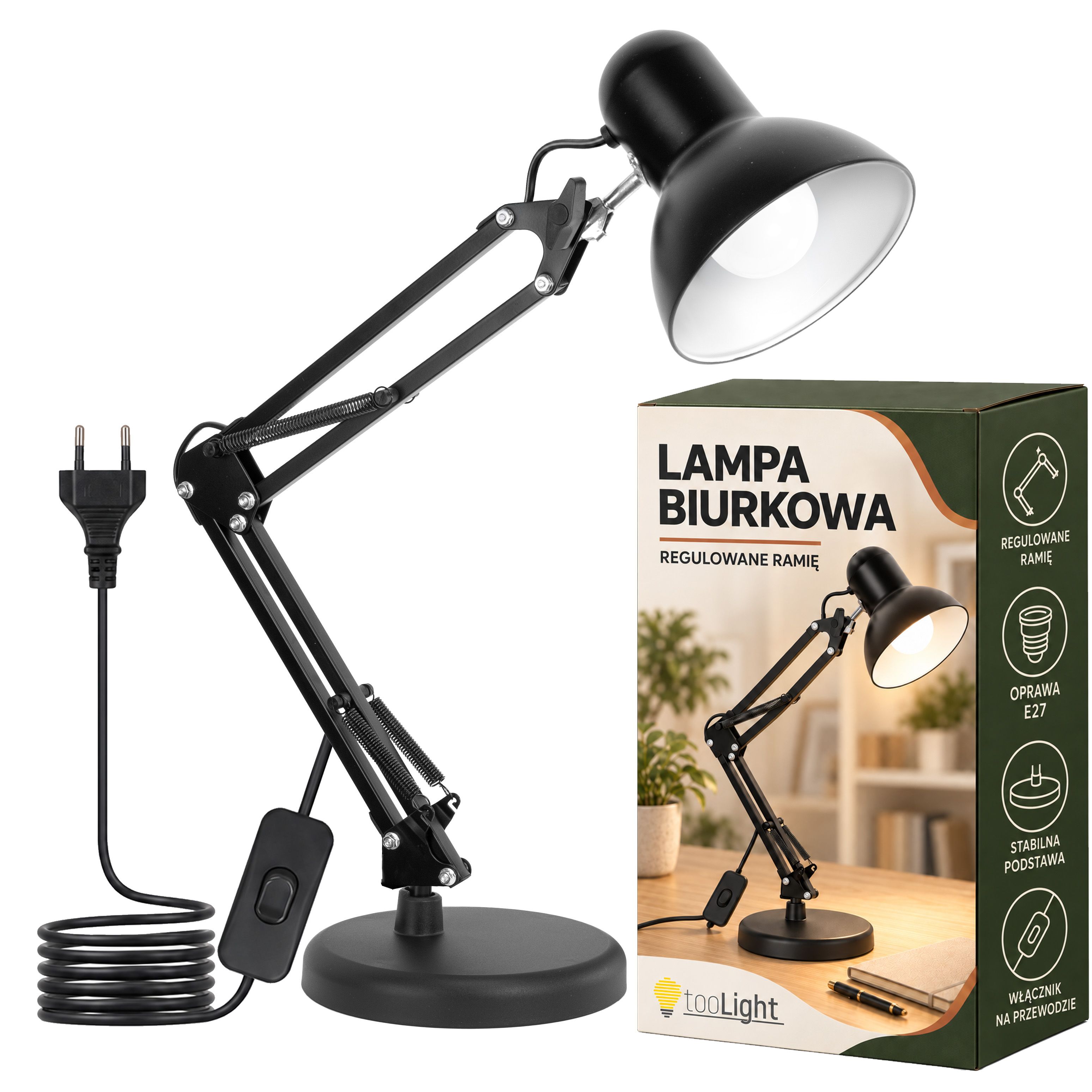 Toolight JNH042-1TD, stolná lampa s nastaviteľným ramenom, kresliarsky štýl, 1× E27, čierna, OSW-56233
