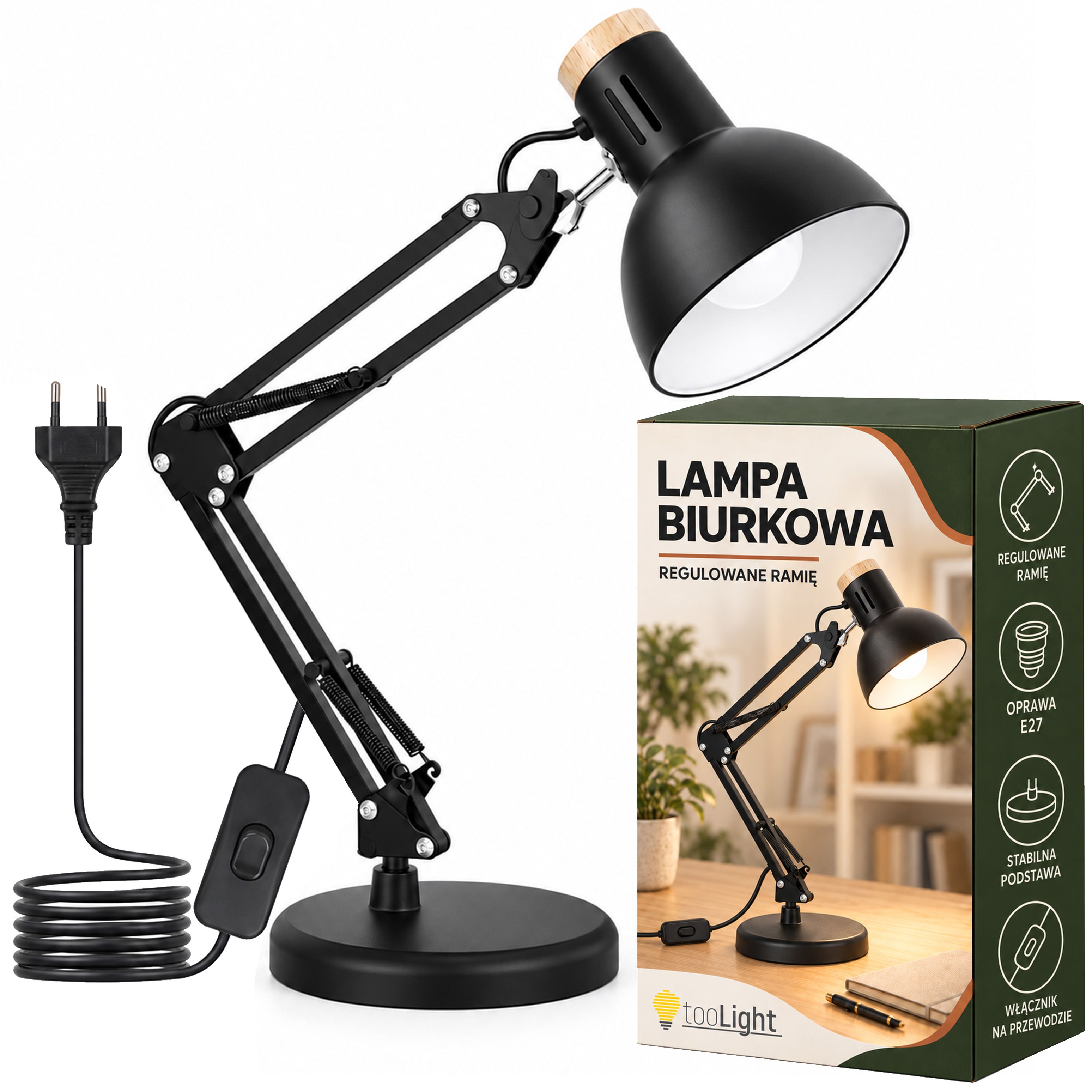 Toolight JNH044-1T, stolná lampa s nastaviteľným ramenom, 1× E27, čierna, OSW-56235