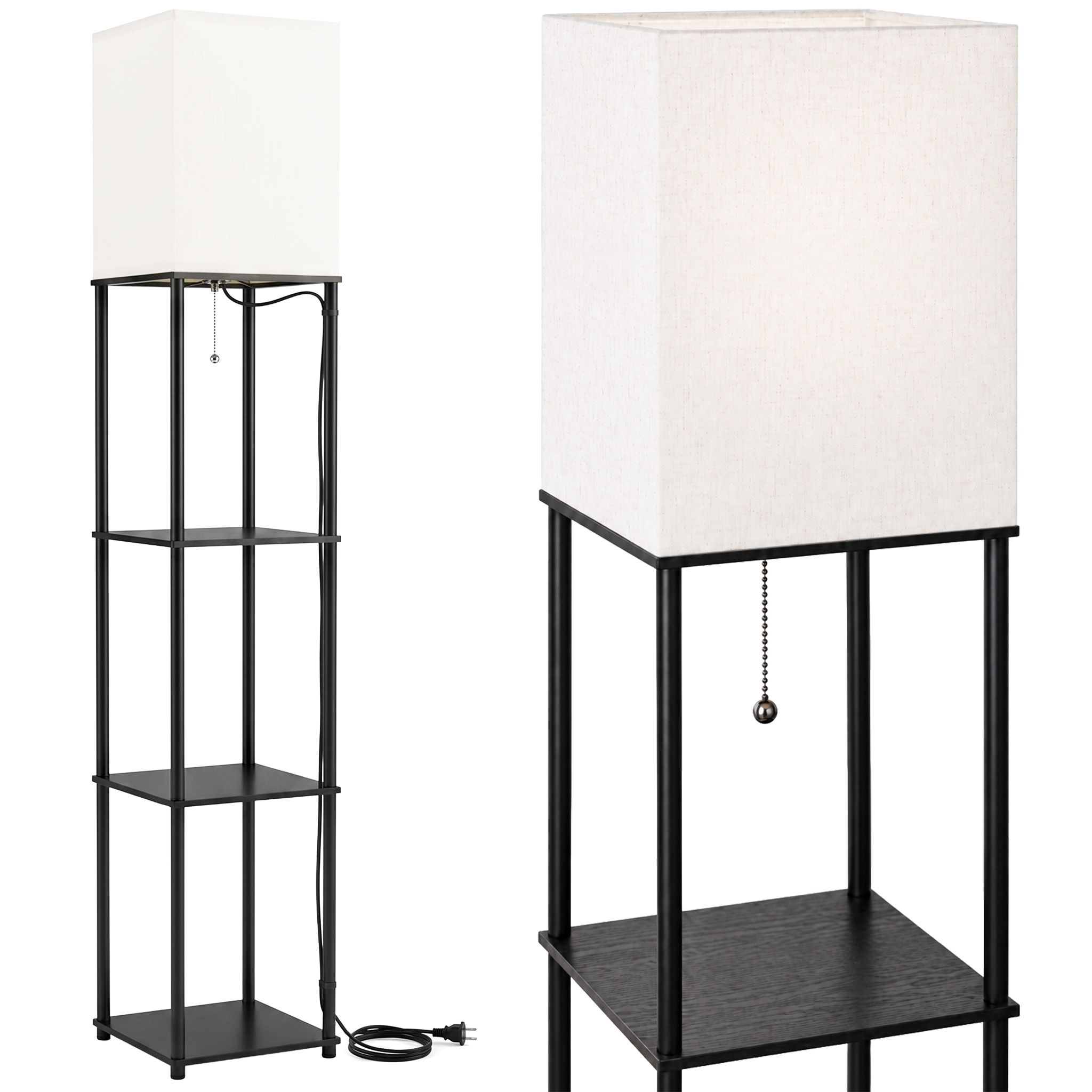 Toolight JNH050-1F, stojaca lampa s poličkami a jutovým tienidlom, v. 157 cm, 1× E27, čierna, 58349
