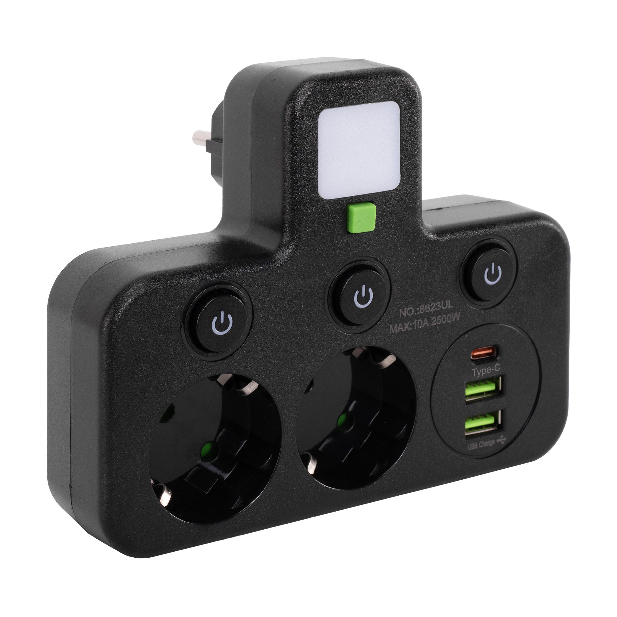 Toolight, JNH017, zásuvkový rozbočovač 2 zásuvky + 2× USB-A + USB-C s LED světlem, černá, OSW-56308