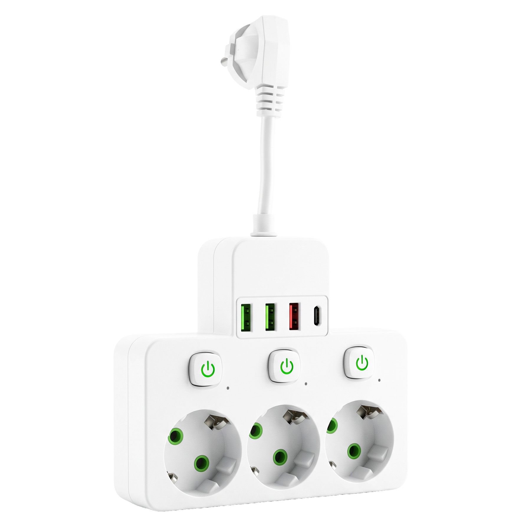 Toolight, JNH018, zásuvkový rozbočovač 3 zásuvky + 3× USB-A + USB-C s LED světlem, bílá, OSW-56306