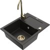 Mexen Enzo, 1-komorový granitový drez s odkvapkávačom 58x47 cm a kuchynskou batériou Telma, čierna-zlatá, 6506-75-670200-50