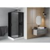 Mexen Rio, štvorcový sprchovací kút s posuvnými dverami 90(dvere) x 90(dvere) x 190 cm, 6mm šedé sklo, čierny profil + biela sprchová vanička RIO, 860-090-090-70-40-4510