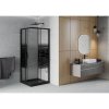 Mexen Rio, štvorcový sprchovací kút s posuvnými dverami 70(dvere) x 70(dvere) x 190 cm, 6mm číre sklo s pásikmi, čierny profil + čierna sprchová vanička SLIM, 860-070-070-70-20-4070B