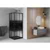 Mexen Rio, štvorcový sprchovací kút s posuvnými dverami 70(dvere) x 70(dvere) x 190 cm, 6mm číre sklo s pásikmi, čierny profil + čierna sprchová vanička SLIM, 860-070-070-70-20-4070B