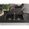 Mexen Mario, granitový drez 820x436x161 mm, 2-komorový, čierna-zlatá metalíza so zlatým sifónom, 6504822000-75-G