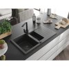 Mexen Matias, granitový drez 900x505x200 mm, 1,5-komorový a čierna batéria Rita, čierna škvrnitá, 6502-76-670300-70-B