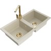 Mexen Mario, granitový drez 820x436x161 mm, 2-komorový, béžová so zlatým sifónom a zlatá drezová batéria Rita, 6504-69-670300-50