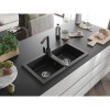 Mexen Mario, granitový drez 820x436x161 mm, 2-komorový, čierna-zlatá metalíza s chrómovým sifónom a čierna drezová batéria Rita, 6504-75-670300-70