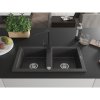 Mexen Mario, granitový drez 820x436x161 mm, 2-komorový, čierna škvrnitá s chrómovým sifónom a čierna drezová batéria Rita, 6504-76-670300-70