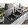 Mexen Mario, granitový drez 820x436x161 mm, 2-komorový, čierna škvrnitá s chrómovým sifónom a čierna drezová batéria Rita, 6504-76-670300-70