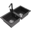 Mexen Mario, granitový drez 820x436x161 mm, 2-komorový, čierna škvrnitá s chrómovým sifónom a čierna drezová batéria Rita, 6504-76-670300-70