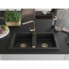 Mexen Mario, granitový drez 820x436x161 mm, 2-komorový, čierna so zlatým sifónom a zlatá drezová batéria Rita, 6504-77-670300-50