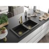 Mexen Mario, granitový drez 820x436x161 mm, 2-komorový, čierna so zlatým sifónom a zlatá drezová batéria Rita, 6504-77-670300-50