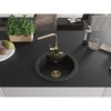 Mexen Diego, 1-komorový granitový drez 488x488x167 mm, zlatý sifón, zlatá lesklá batéria Rita, čierna-zlatá metalíza, 6512-75-670300-50